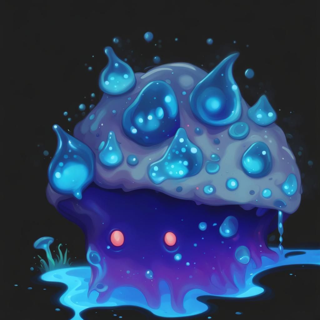 Fantasy Smiling Slime Creature with Mushrooms, Anime Style