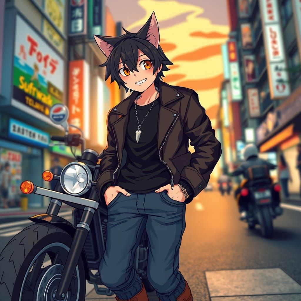 Anime Catboy on Tokyo Street at Sunset