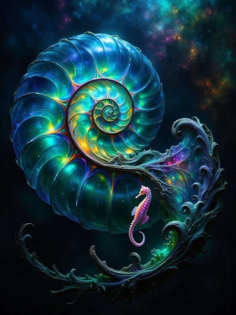 Bioluminescent Nautilus with Rainbow and Pink Seahorses