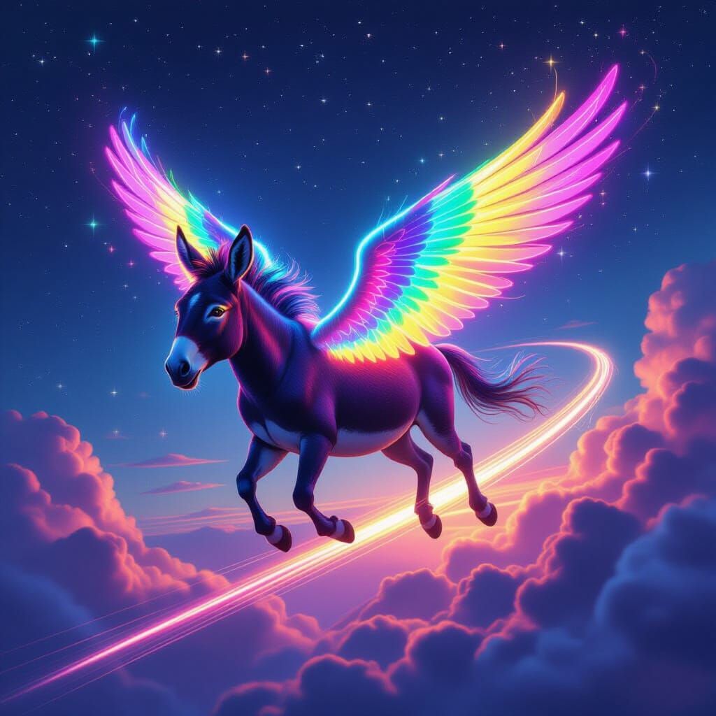 Rainbow Neon Winged Donkey Ascends to Heaven with Ethereal L...