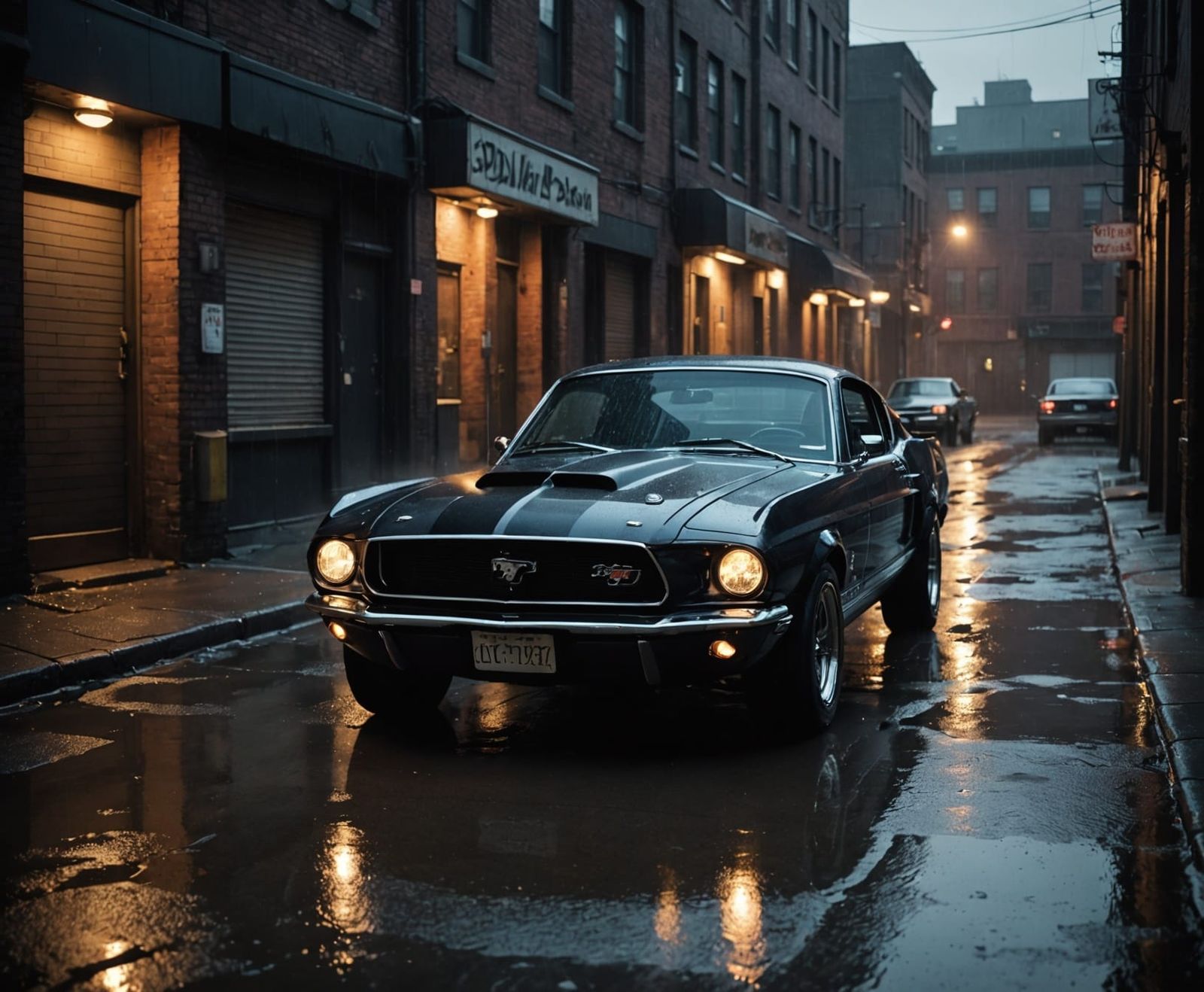 Gritty Noir Shelby GT-500 in Rainy Alleyway