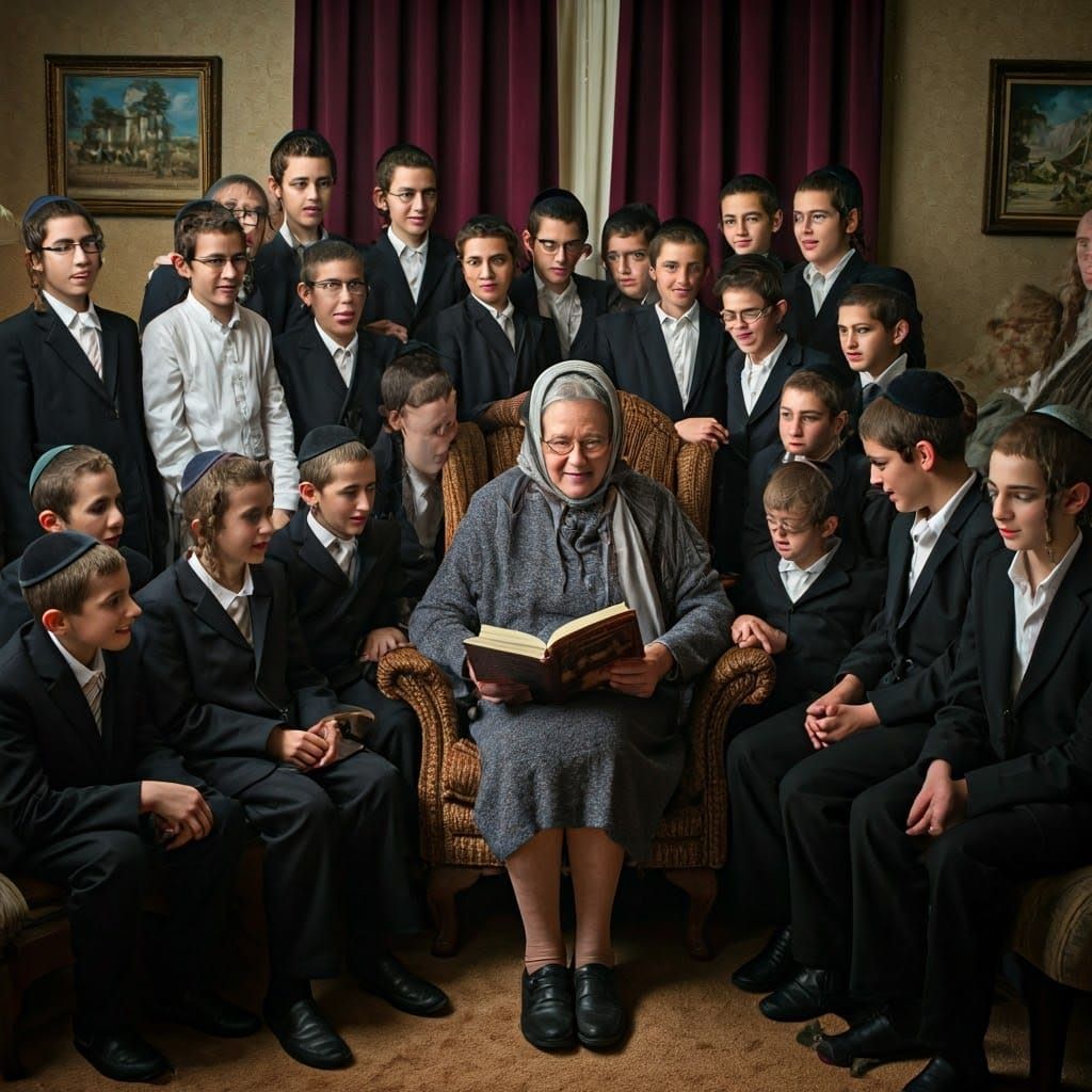 Happy Ultra-Orthodox Grandmother Reading to Children