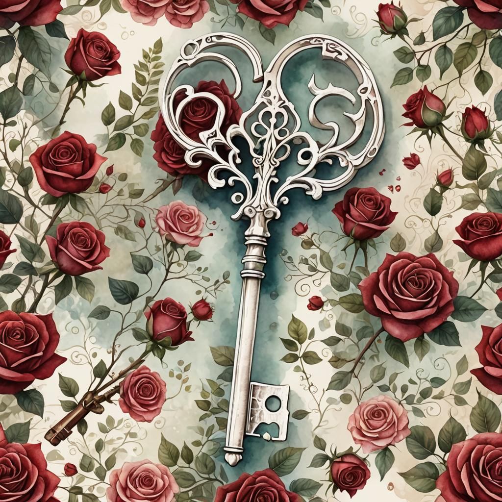 Watercolor Key Surrounded by Red Roses