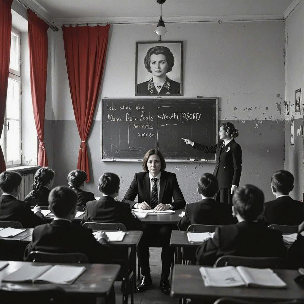 Monochrome Classroom Scene with Red Accents, Noir Style