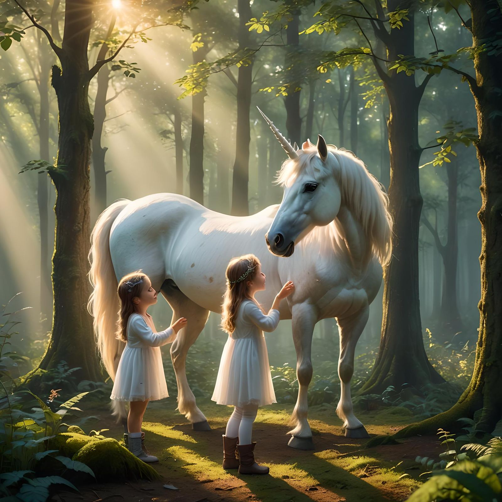 Child and White Unicorn Meeting in Magical Forest