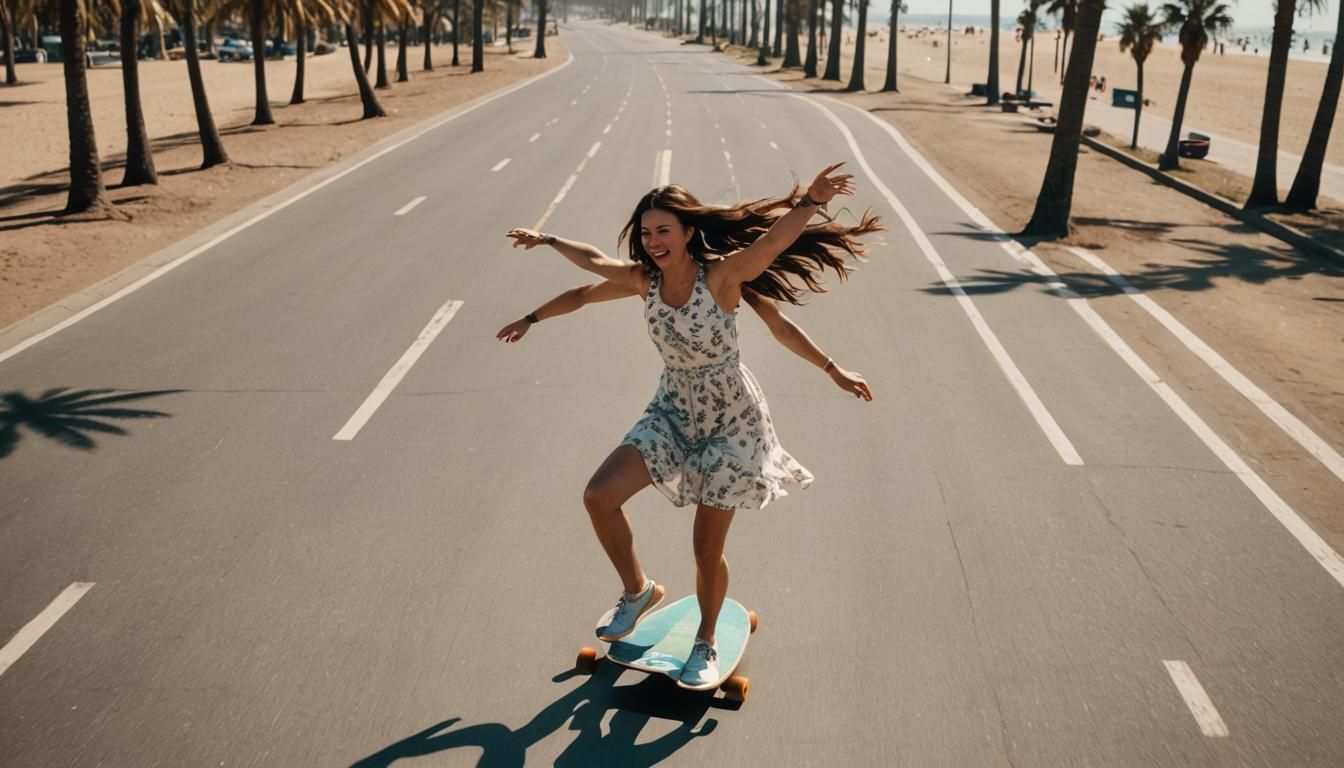 Girl Dancing on Longboard on Sunny Beach