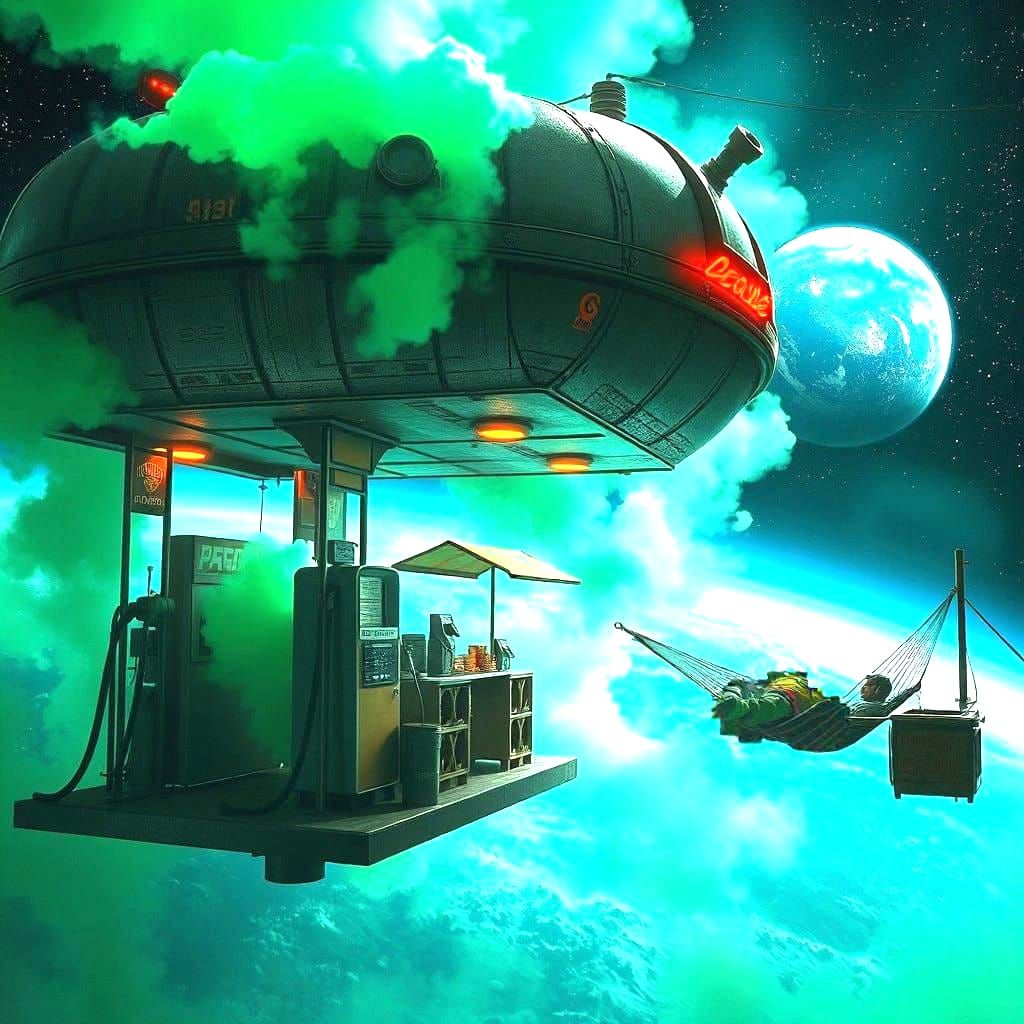 Retro Gas Station Floating in Space