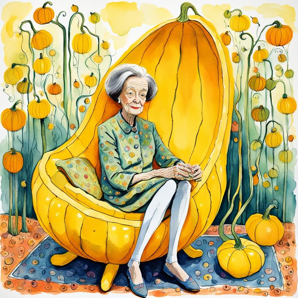 Maggie Smith in Gourd Chair: Whimsical Illustration