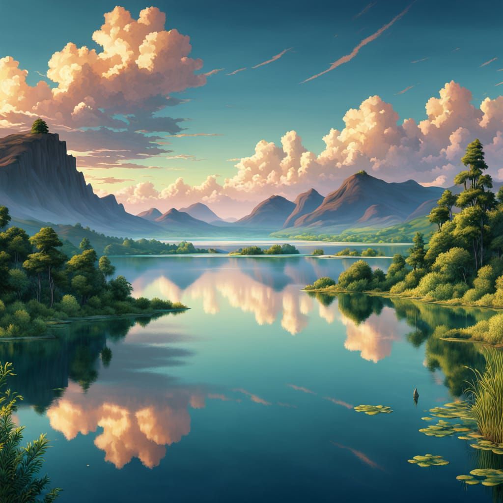 Serene Lake Landscape in Vibrant Hues and Soft Light