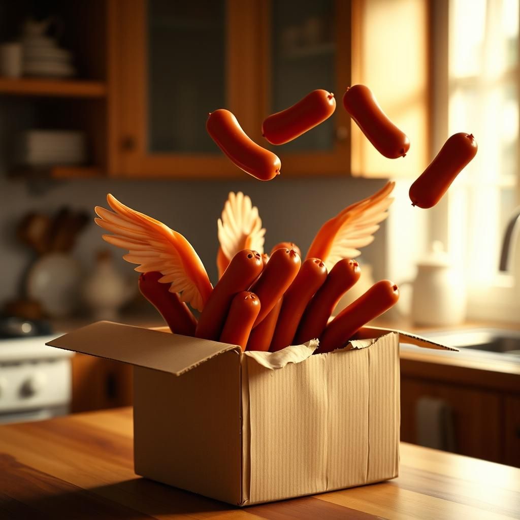 Flying Sausages Escape: Comical Kitchen Scene