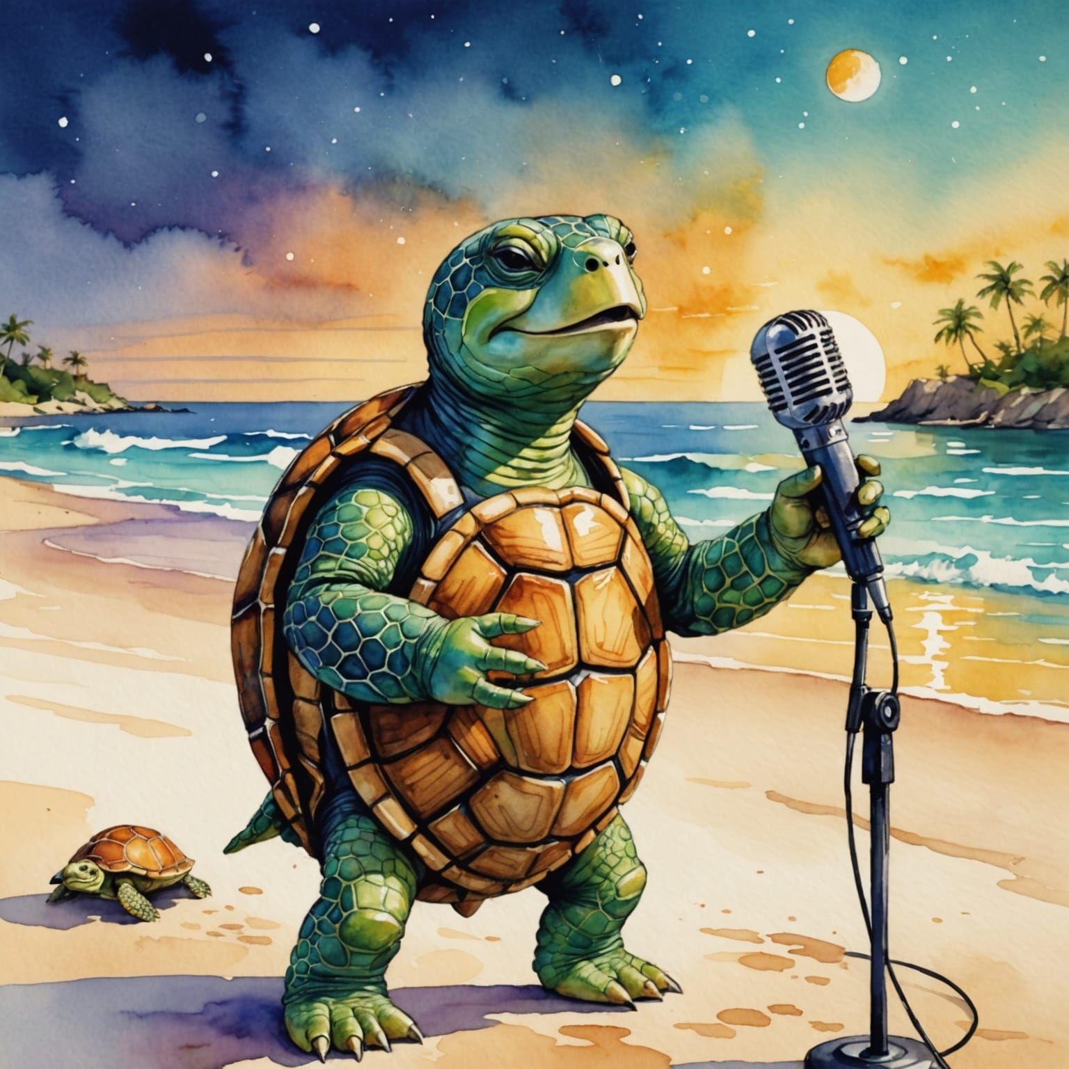 Anthropomorphic Turtle Sings at Beach in Watercolor