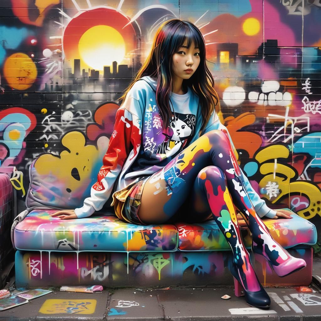 Woman on Graffiti Sofa in Vibrant Street Art
