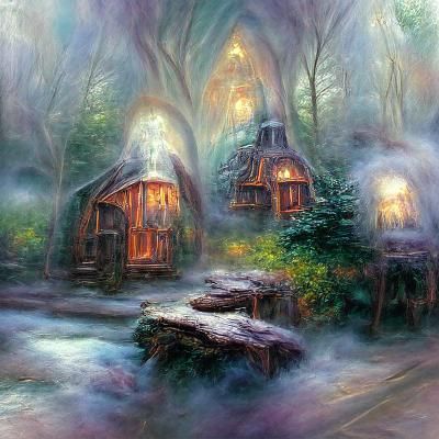 Ethereal Elven Cabins in Misty Woods