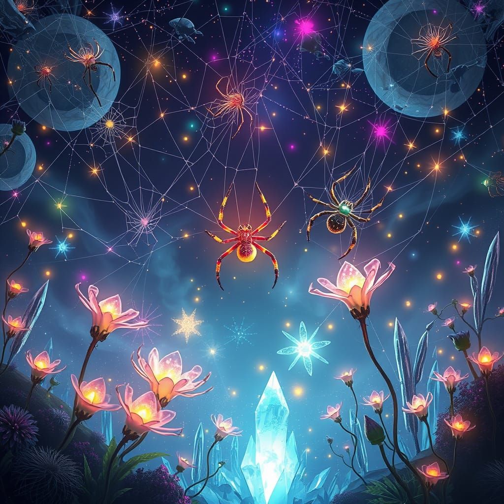 Rainbow Spiders Weaving Starlight Webs in Sky Garden