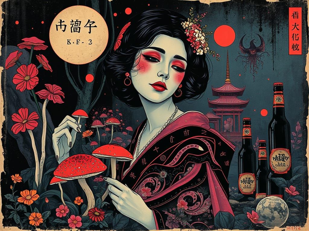 Surreal Noir Japanese Woman in Vintage Poster Style