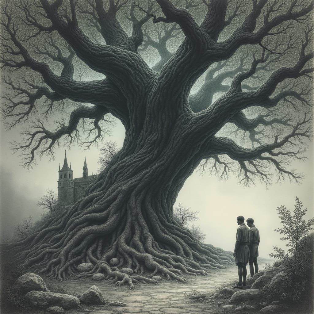 Colossal Tree Among Ancient Ruins in Classic Pencil Drawing ...