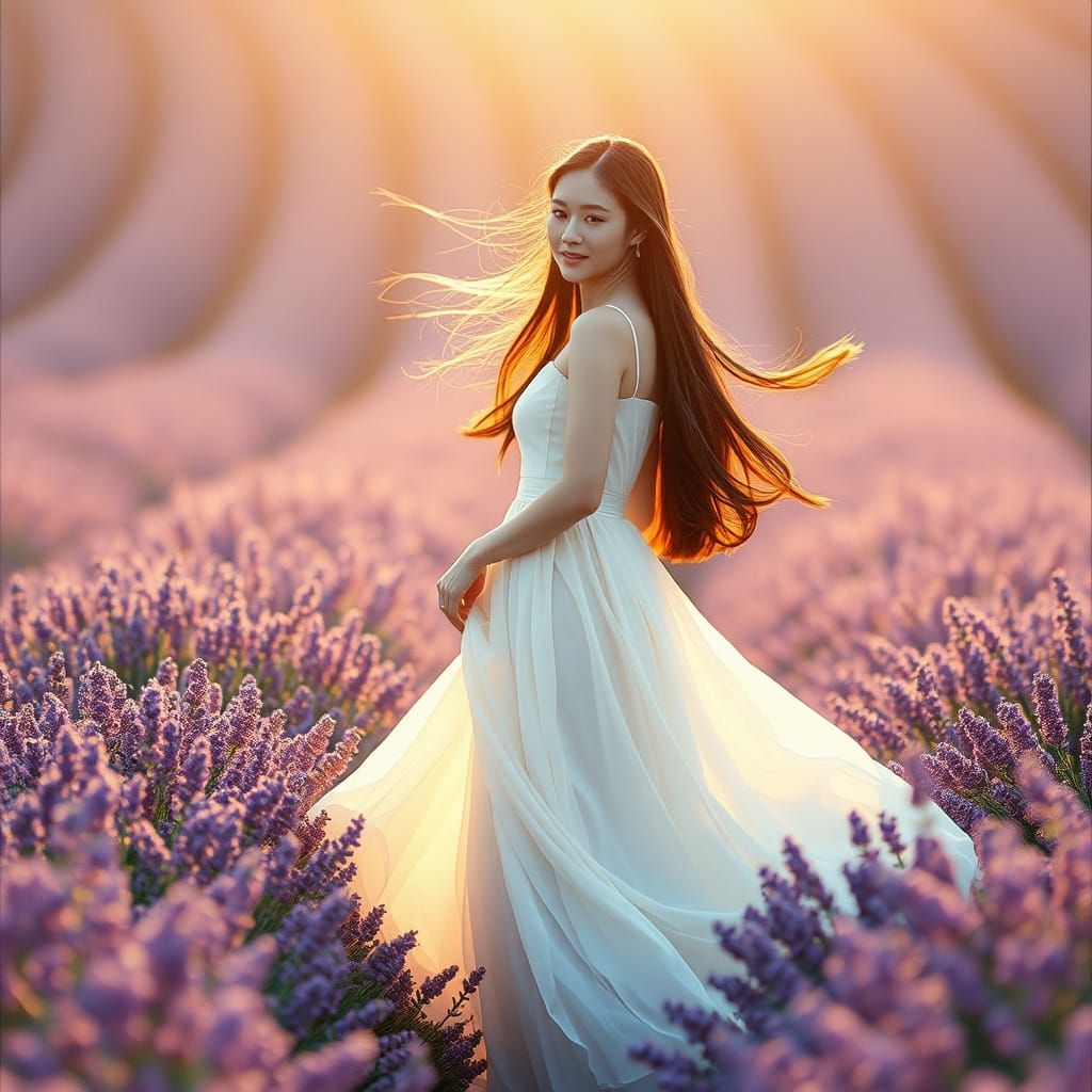 Elegant Woman in Lavender Field: Cinematic Film Still
