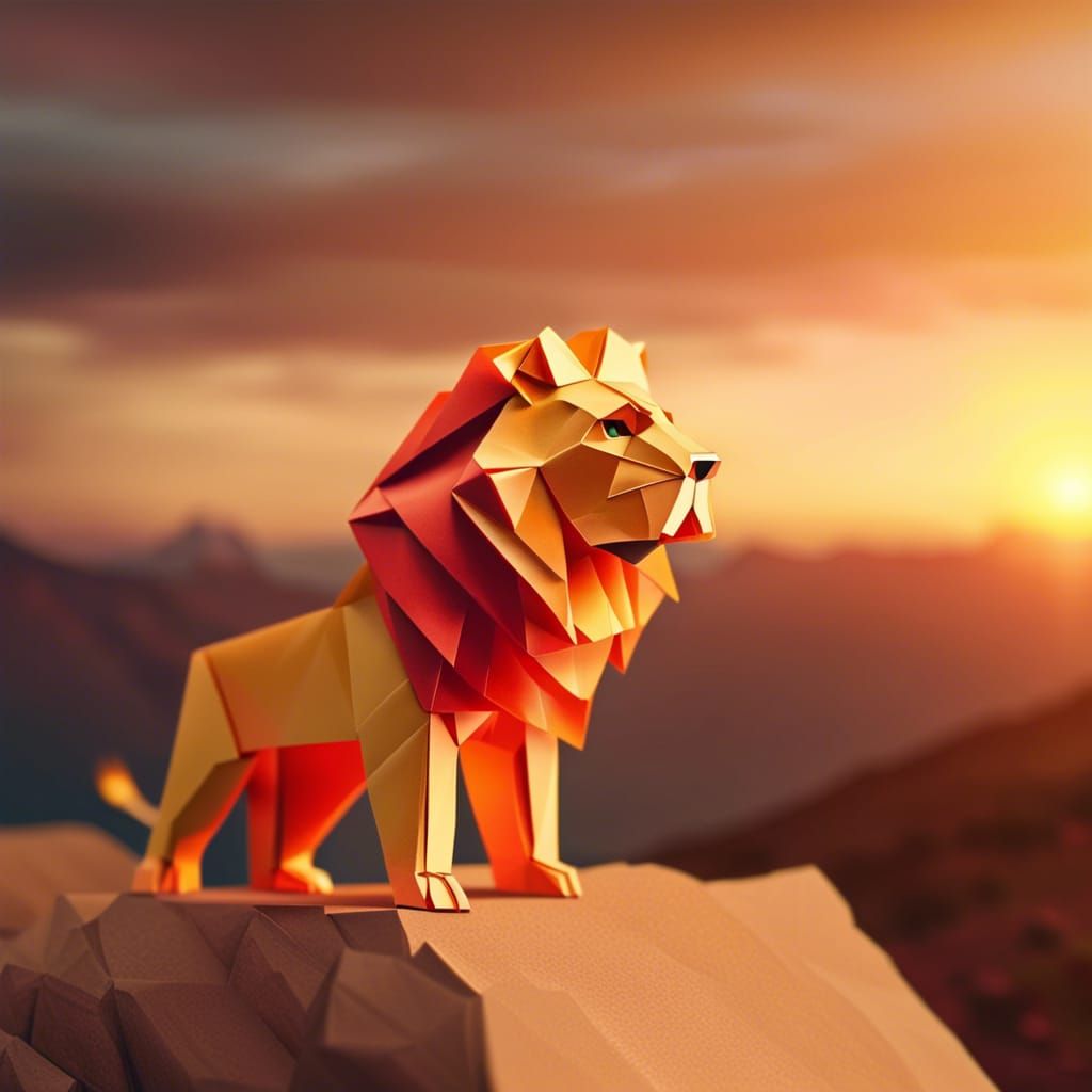 Roaring Lion at Sunset in Origami Style