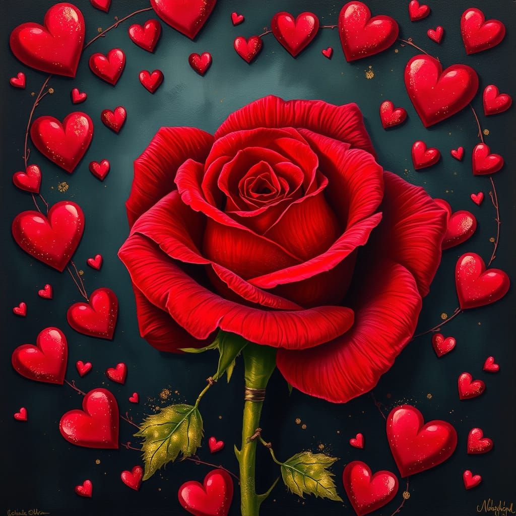 A beautiful illustration of a red velvet rose with a mixed g...