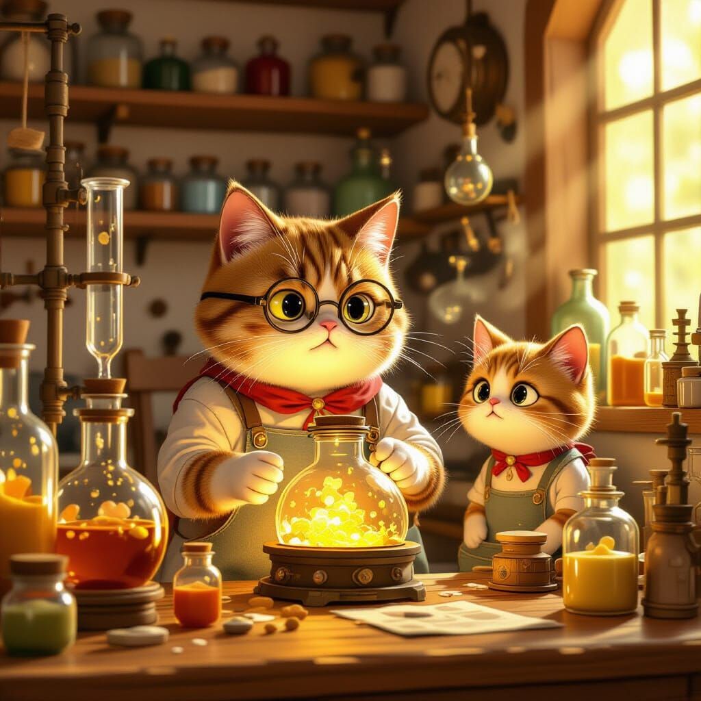 Alchemist's Cat Transformation in Cozy Lab