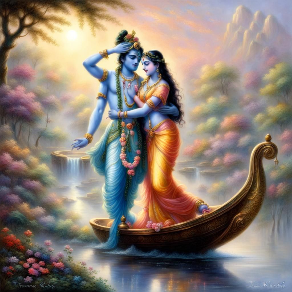 Ethereal Radha Krishna Fantasy in Kinkade Style