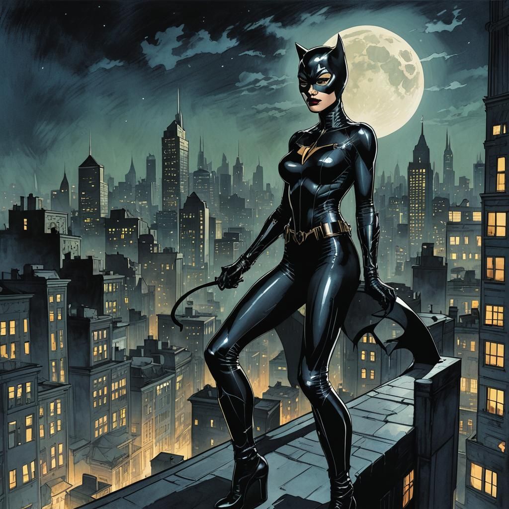 Noir Comic Book Art of Catwoman in Gotham