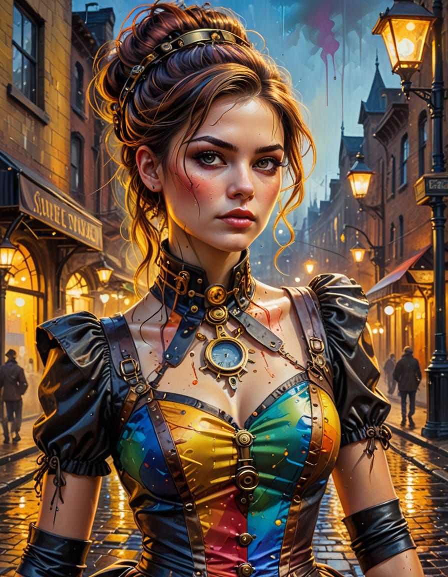 Steampunk Woman Portrait in Vivid Oil Painting