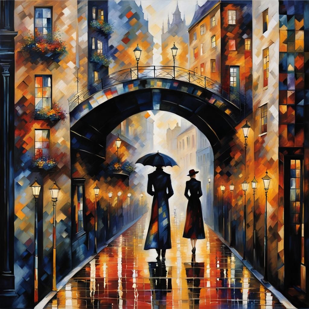 Couple Embracing in Maximalist Cityscape
