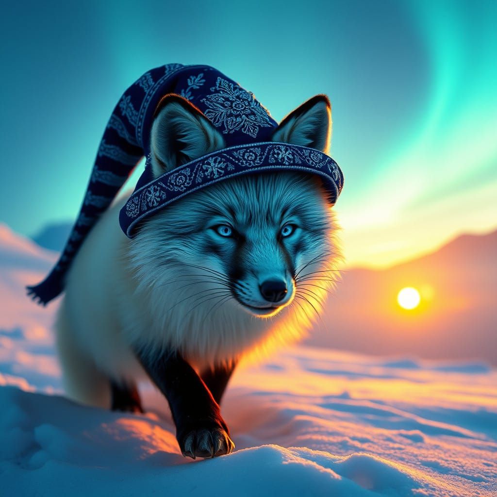 Arctic Fox in Regal Blue Wizard's Hat, Auroral Landscape