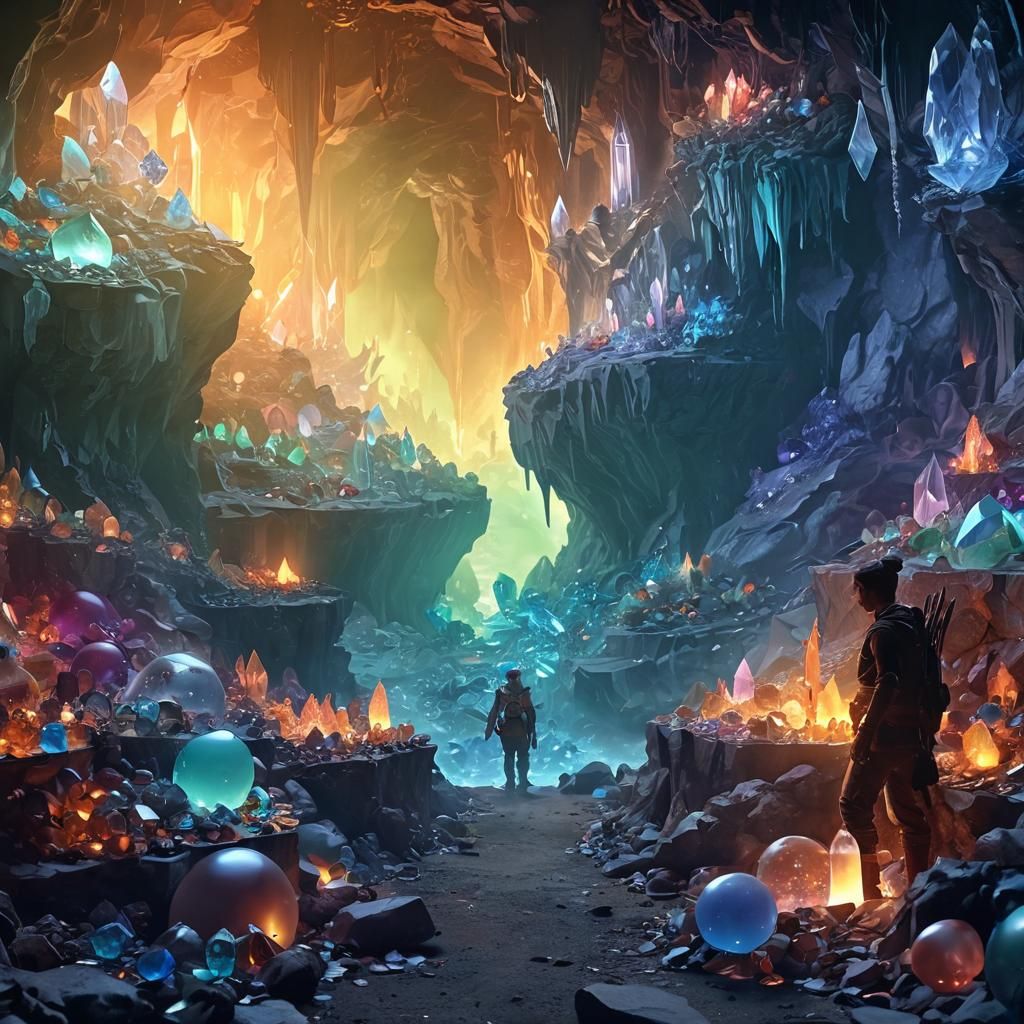 Adventurer in Crystal Cave with RPG Loot