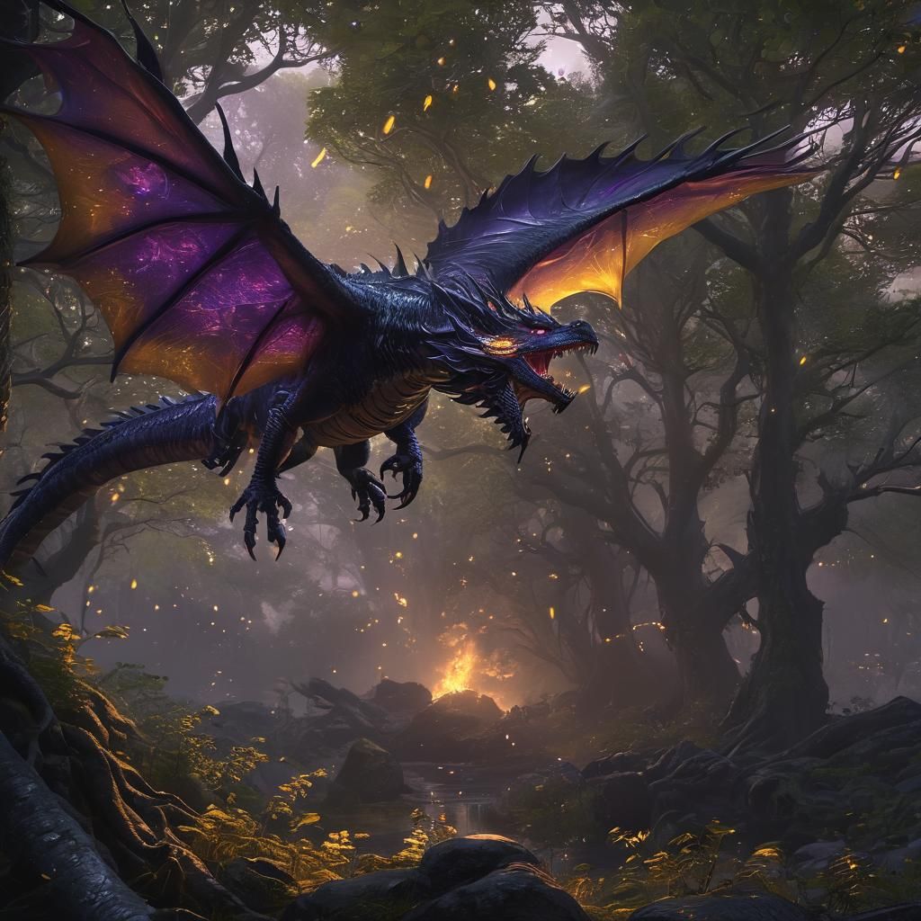 Dragon Soaring Over Enchanted Forest, Digital Matte Painting