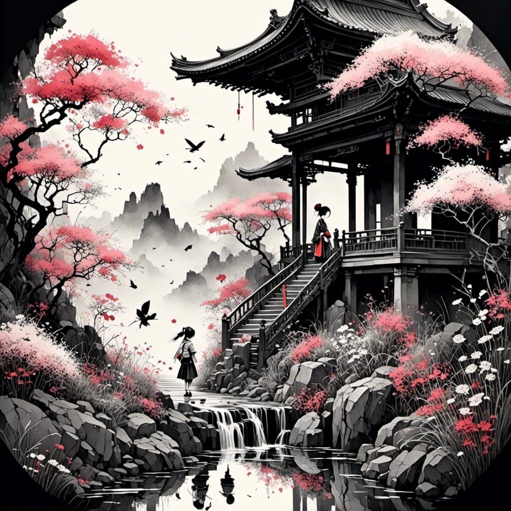 Minimalist Japanese Ink Painting of Geisha in Garden