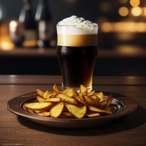 Chips and Stout Beer Still Life with Bokeh