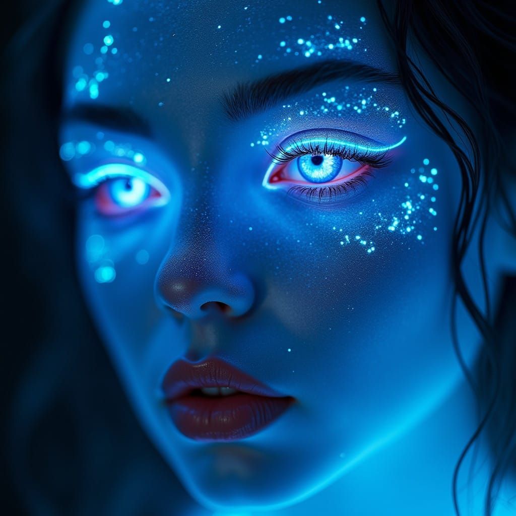 Radiant, Glowing Face in Iridescent Opal Blue