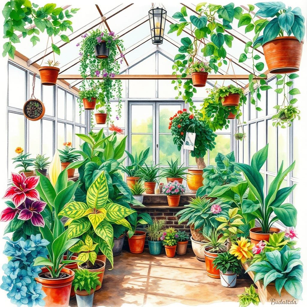Vibrant Watercolour Greenhouse Painting Full of Lush Plants