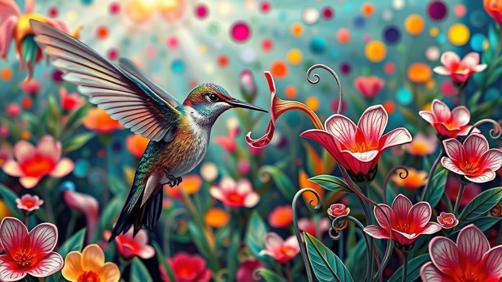 Iridescent Hummingbird Feeds on Whirlwind Bloom