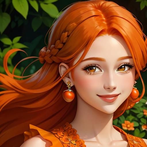 Smiling Orange Haired Fairy in Magical Garden