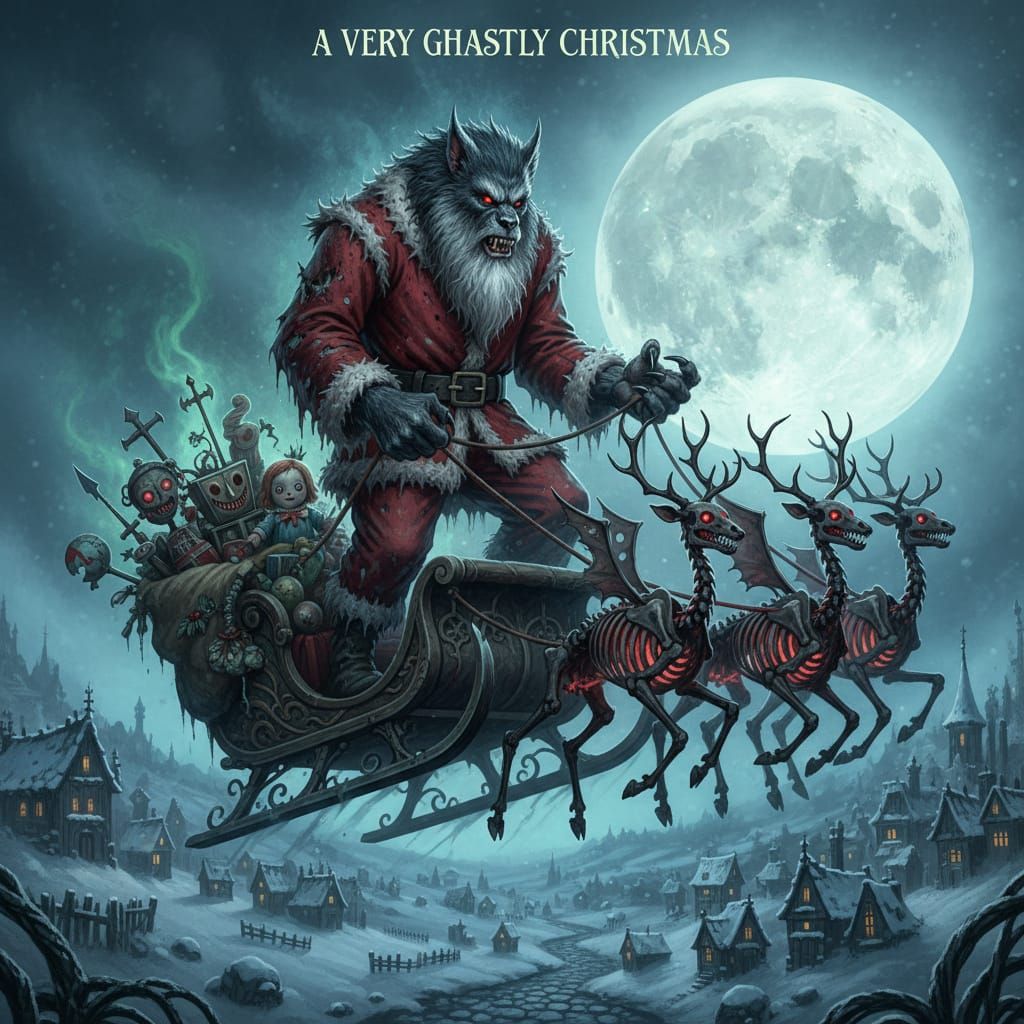 Werewolf Santa on Sleigh with Skeletal Reindeer