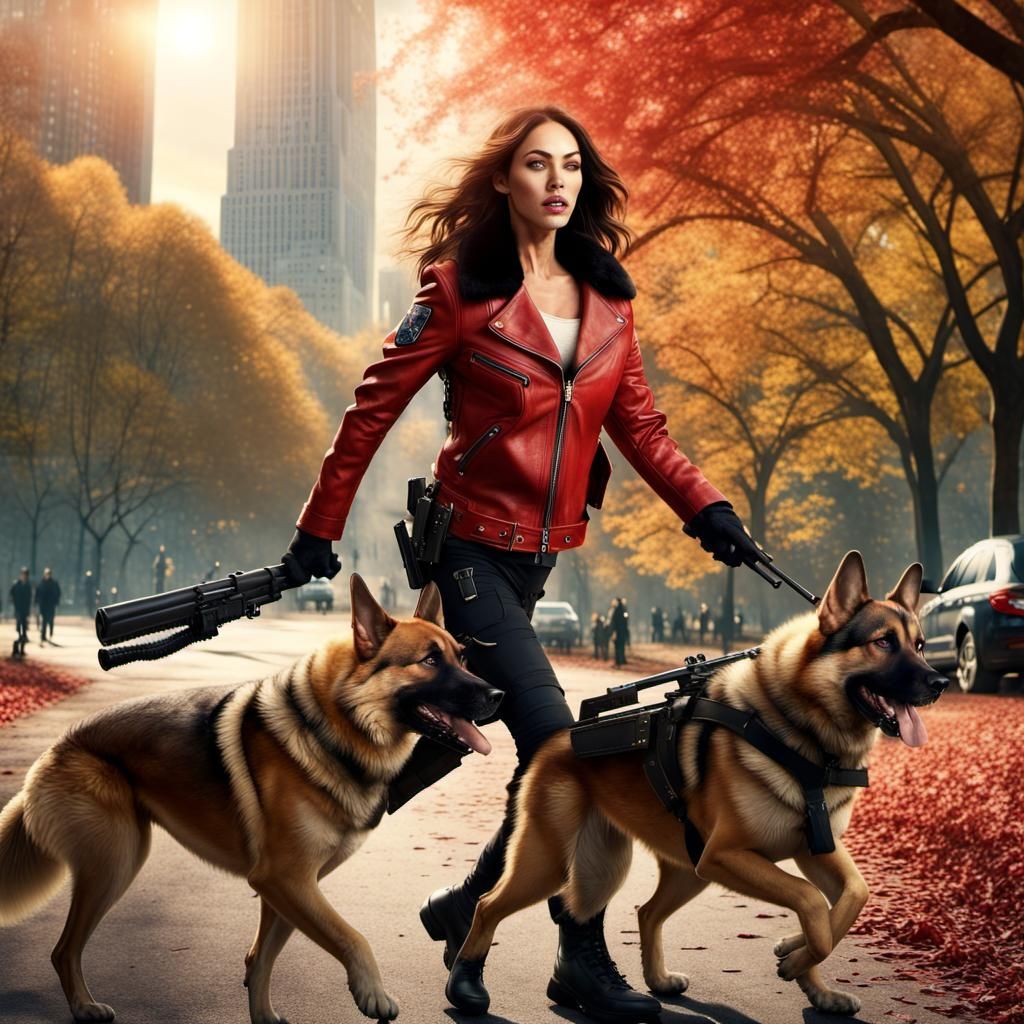 Woman in Red Jacket Running with Dog