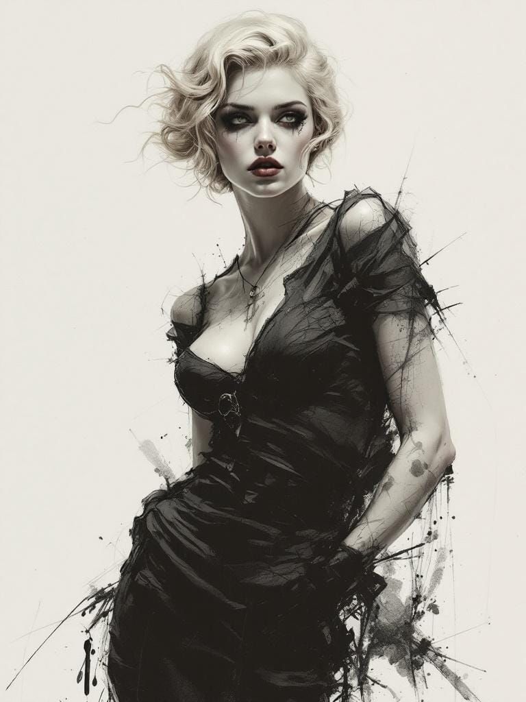 Pin-Up Woman in Charcoal and Pastel Sketch Style