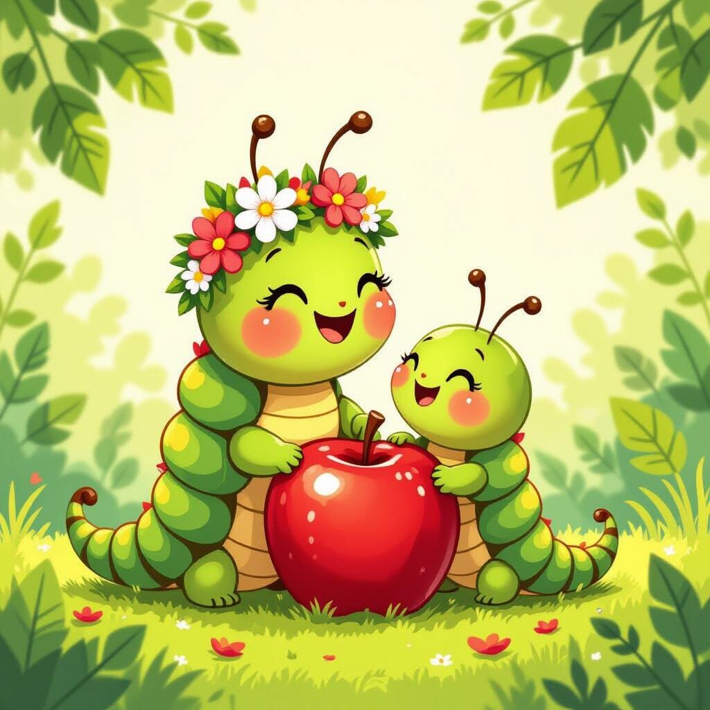 Cartoon Caterpillars' Apple Adventure: Whimsical Illustratio...