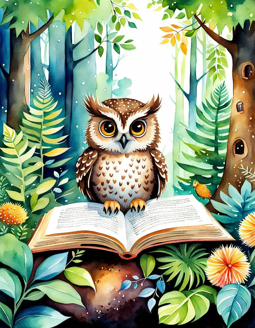 Owl Reading to Hedgehogs in Aquarelle Forest