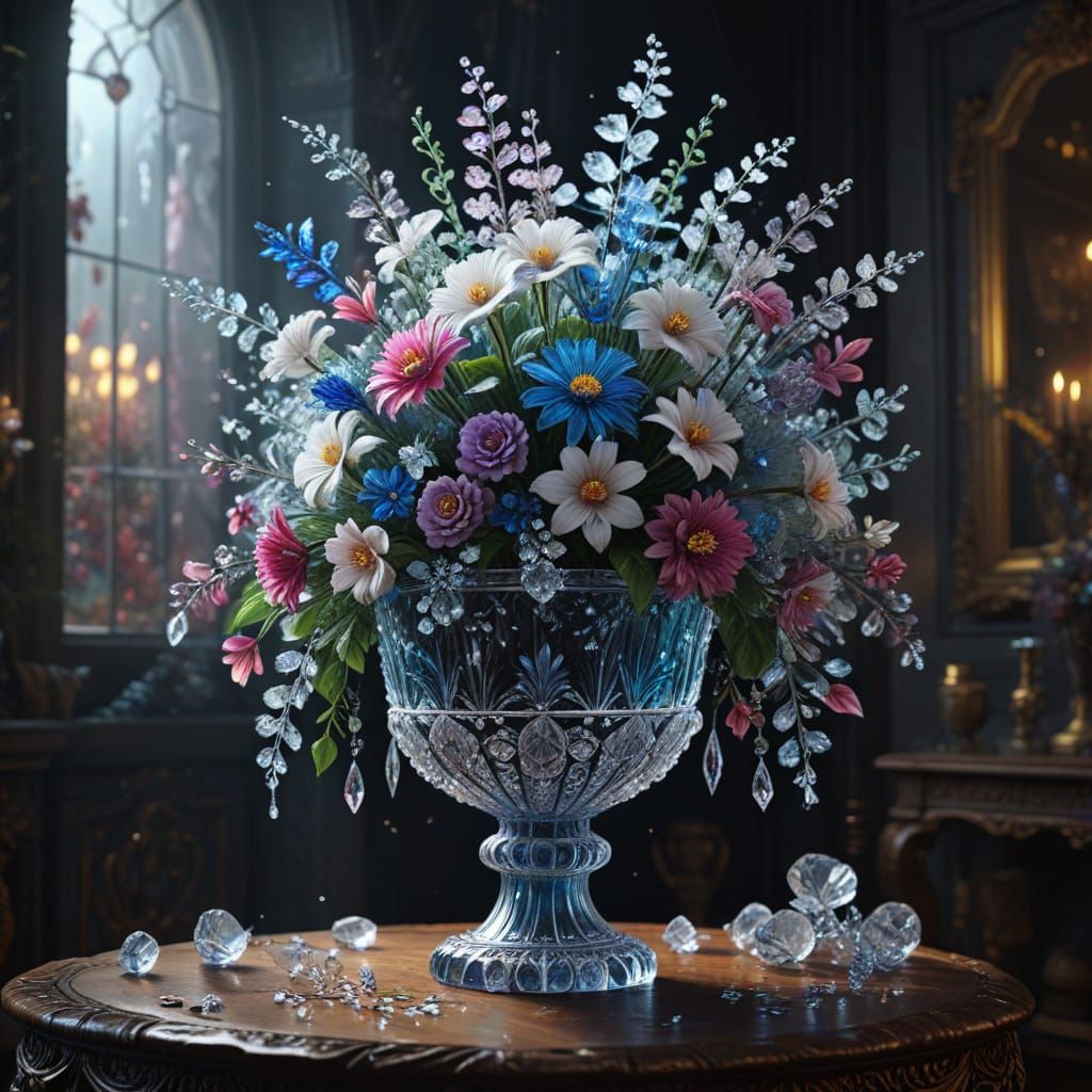 Ornate Crystal Vase Filled with Crystal Flowers