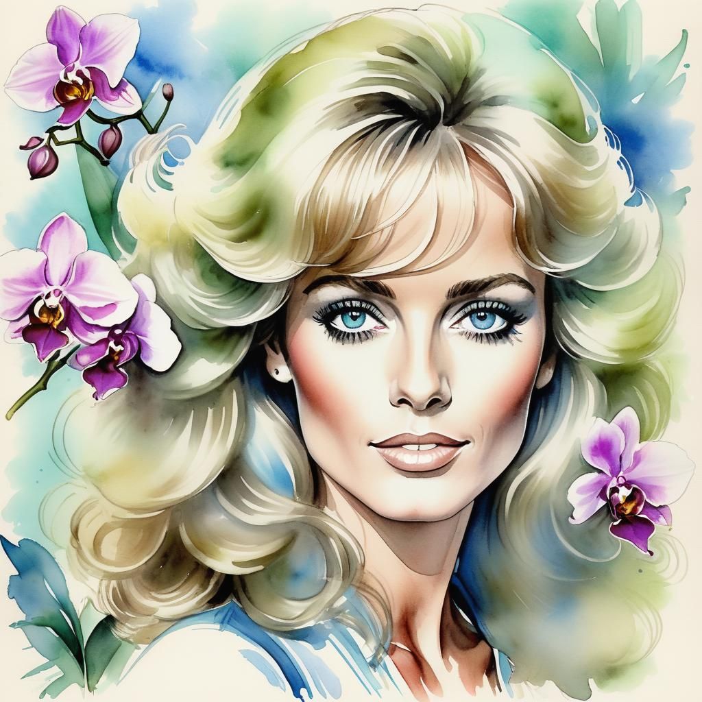 Young Farrah Fawcett Portrait in Watercolor Style