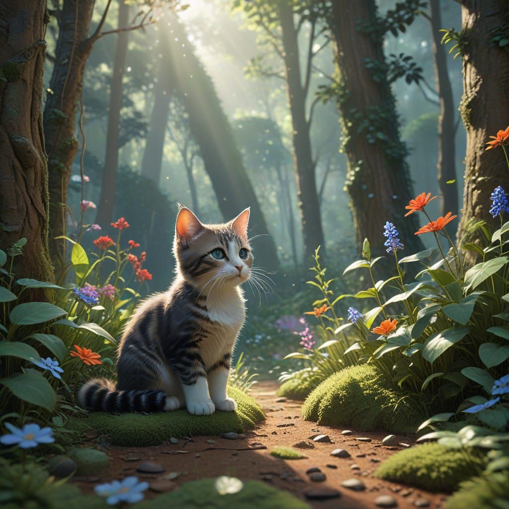 Serene Whimsical Forest Scene with an Adorable Kitten