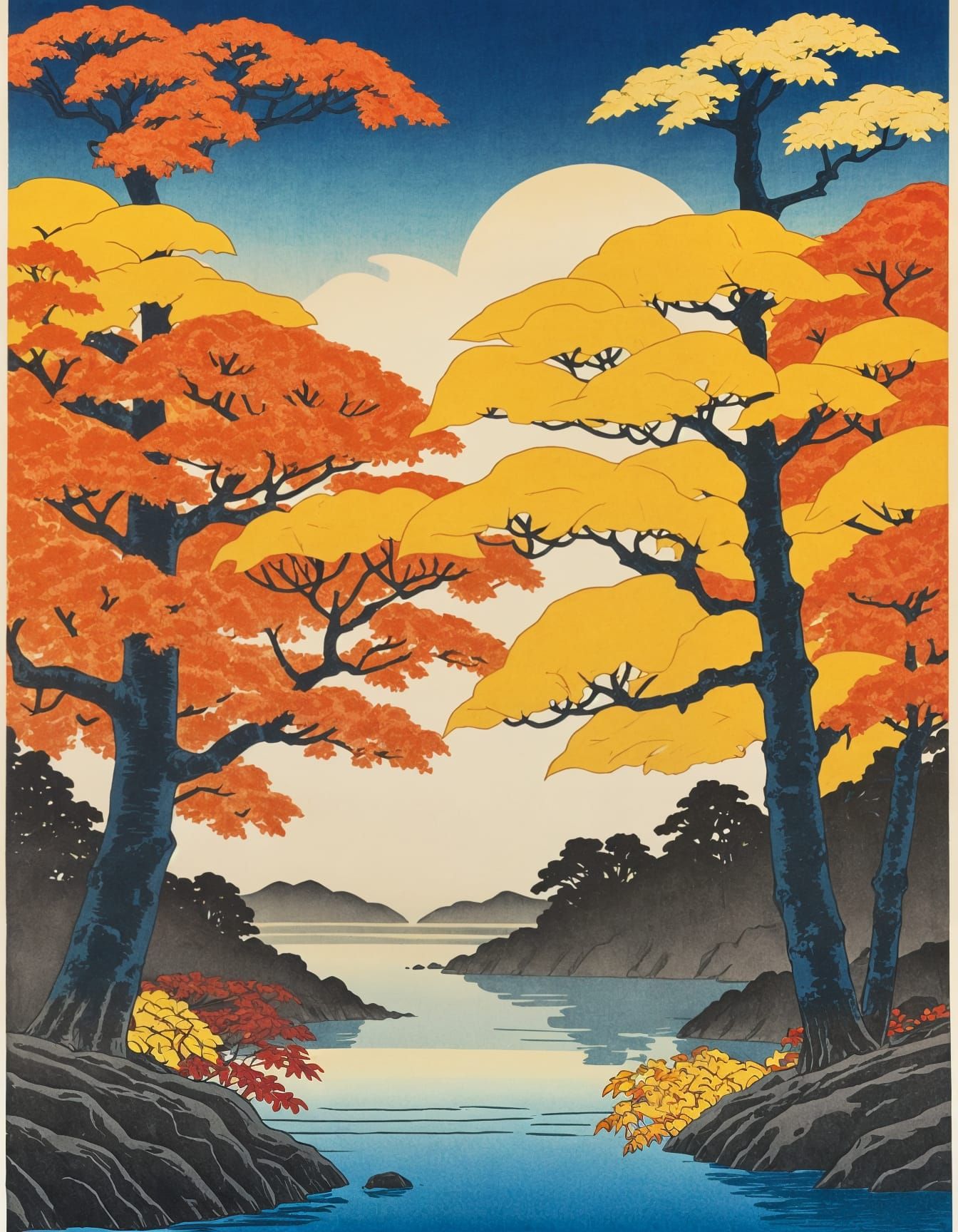 Autumn Forest in Shin-Hanga Style