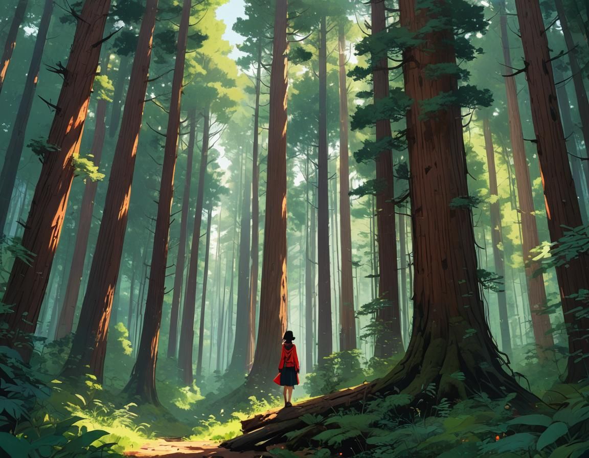Mysterious Lady in Redwood Forest: Digital Illustration