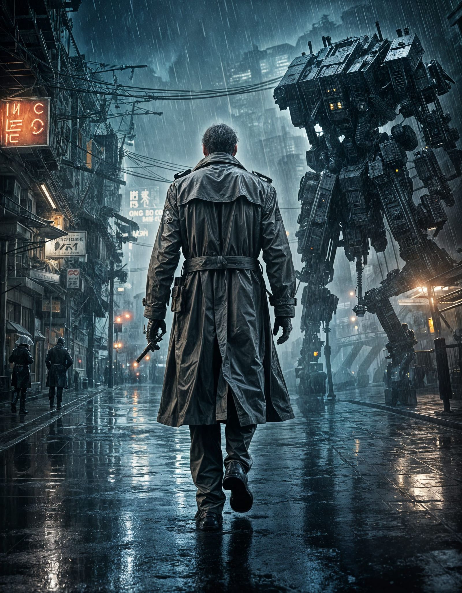 Noir Detective Confronts Mech in Rainy Cyberpunk City