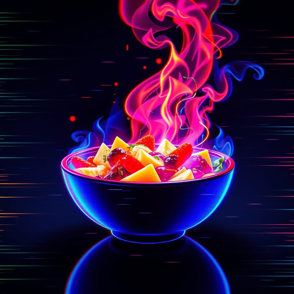 Glitch Art Bowl of Steaming Food in Neon Colors