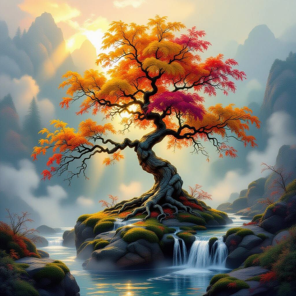 Enchanted Autumn Tree with Cascading Water